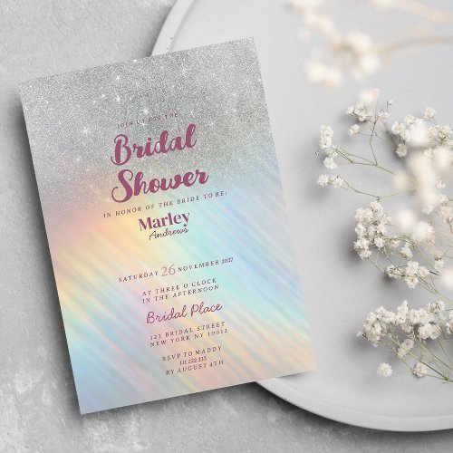 Silver glitter rainbow holographic Bridal Shower Invitation