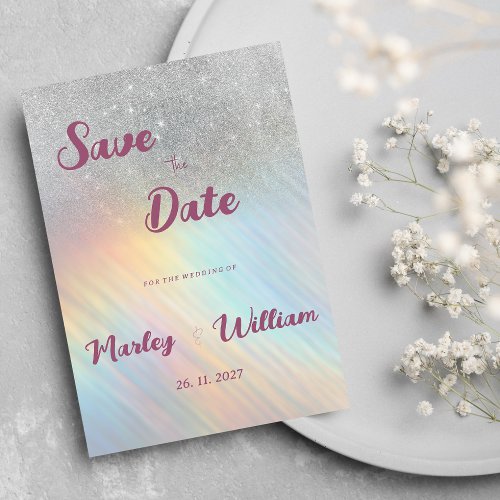 Silver glitter rainbow holographic Save the Date Invitation