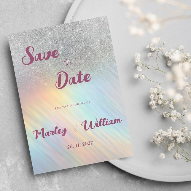 Silver glitter rainbow holographic Save the Date Invitation (Silver glitter rainbow holographic Save the Date)