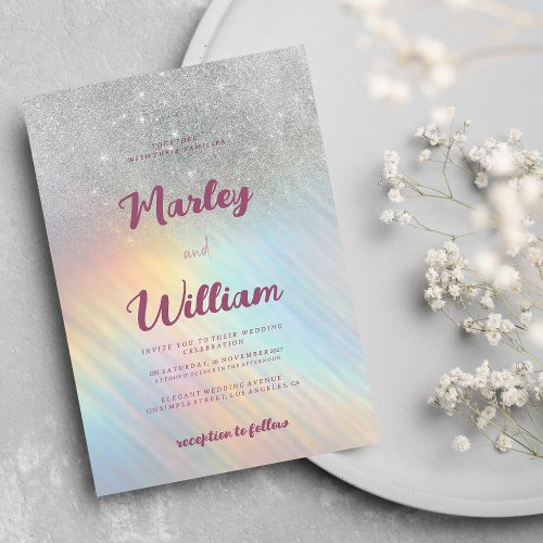 Silver glitter rainbow holographic Wedding  Invitation