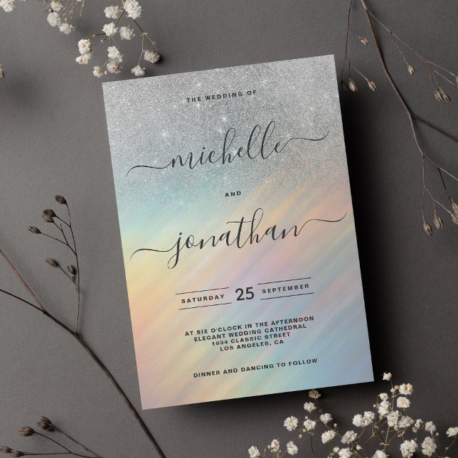Silver Glitter Rainbow Holographic Wedding Invitation (Silver Glitter Rainbow Holographic Wedding Invitation )