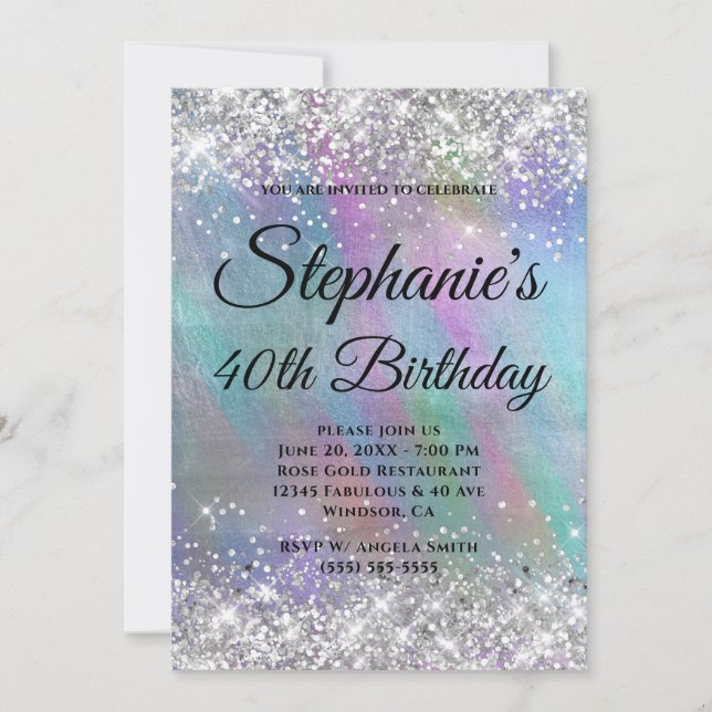 Silver Glitter Rainbow Iridescent Foil Monogram Invitation (Front)
