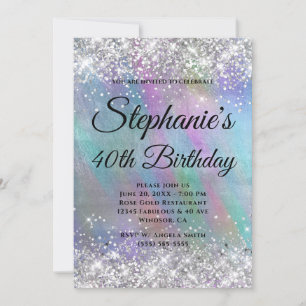 Silver Glitter Rainbow Iridescent Foil Monogram Invitation