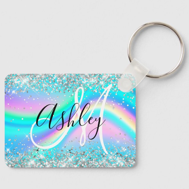 Silver Glitter Rainbow Wave Aqua Ombre Monogram Keychain (Front)