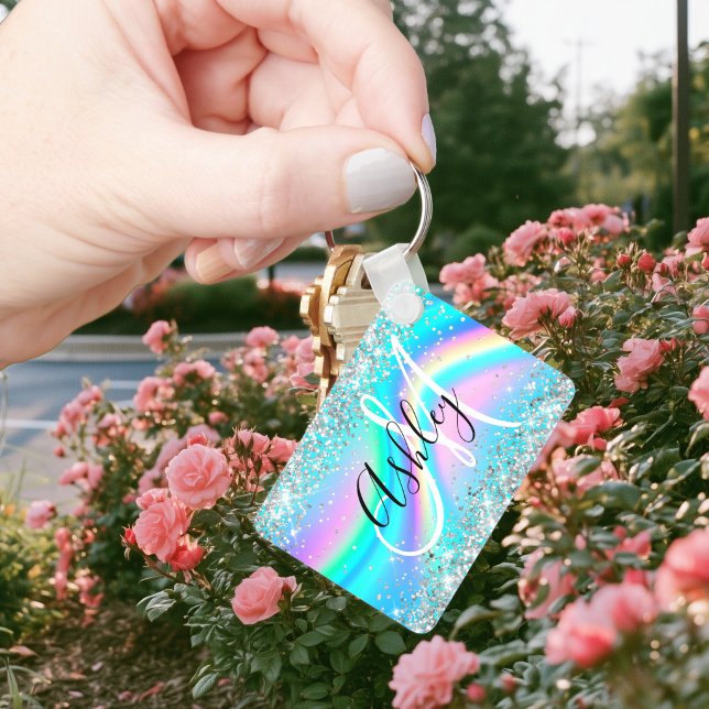 Silver Glitter Rainbow Wave Aqua Ombre Monogram Keychain (Silver Glitter Rainbow Wave Aqua Ombre Monogram Keychain)