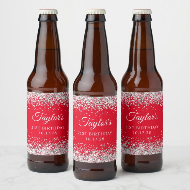 Silver Glitter Red 21st Birthday Beer Bottle Label (Bottles)