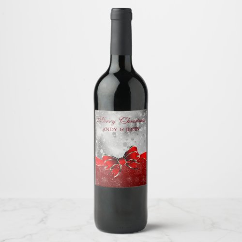 Silver Glitter  Red Christmas Sparkles Bow Wine Label