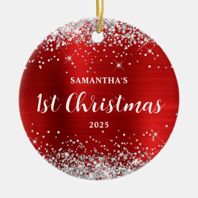 Silver Glitter Red Foil 1st Christmas Ceramic Ornament (Front)