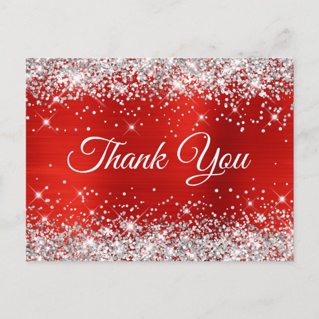 Silver Glitter Red Foil 21st Birthday Thank You Postcard (Front)