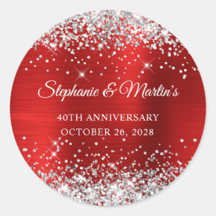 Silver Glitter Red Foil 40th Wedding Anniversary Classic Round Sticker