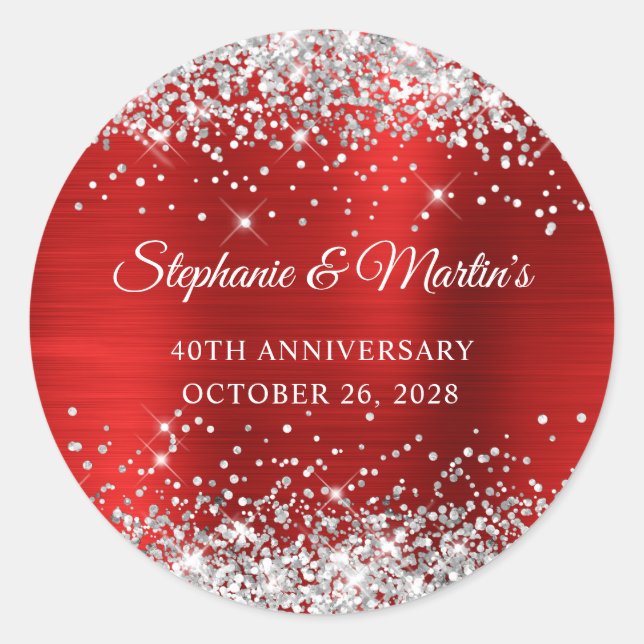Silver Glitter Red Foil 40th Wedding Anniversary Classic Round Sticker (Front)