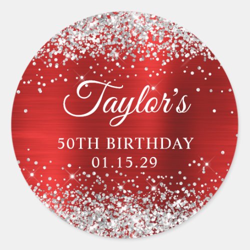 Silver Glitter Red Foil 50th Birthday Classic Round Sticker