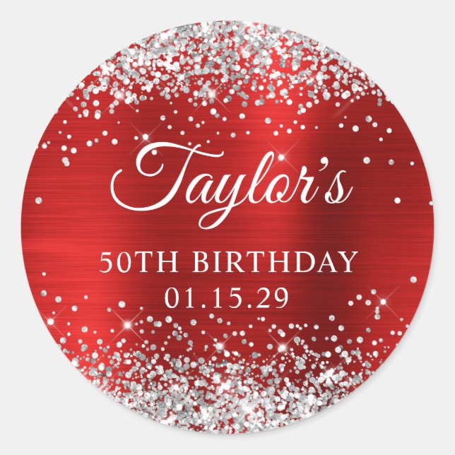 Silver Glitter Red Foil 50th Birthday Classic Round Sticker (Front)