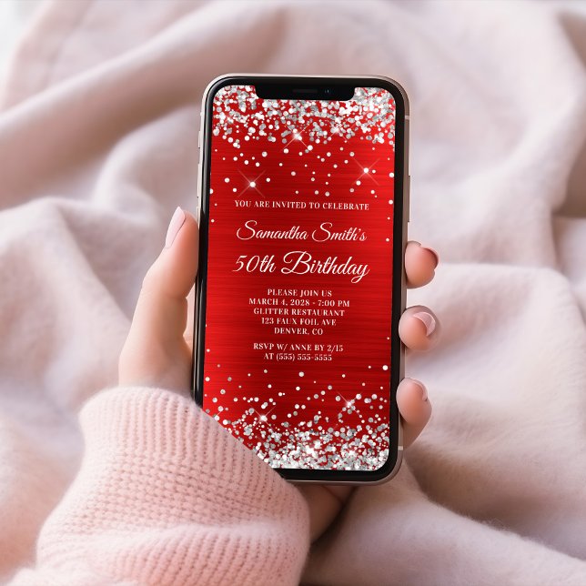 Silver Glitter Red Foil 50th Birthday Invitation (Silver Glitter Red Foil 50th Birthday Invitation)