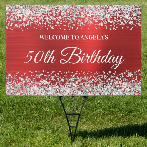 Silver Glitter Red Foil 50th Birthday Welcome Yard Sign