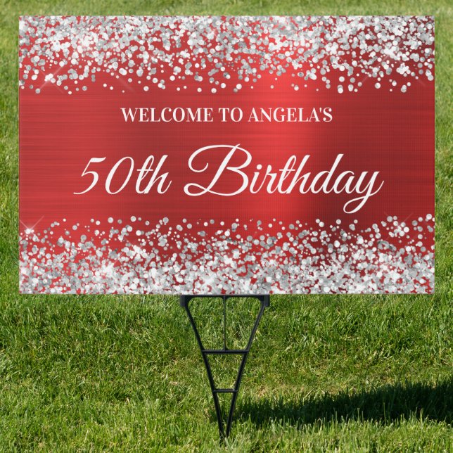 Silver Glitter Red Foil 50th Birthday Welcome Yard Sign (Insitu)
