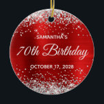Silver Glitter Red Foil 70th Birthday Ceramic Ornament<br><div class="desc">Create your own 70th birthday circle ornament for your mother-in-law. Customize the block text and/or calligraphy font style for any special or milestone birthday. The digital art background features a faux silver glitter and ruby red ombre foil. On the backside, you can add a family photo if you'd like to...</div>