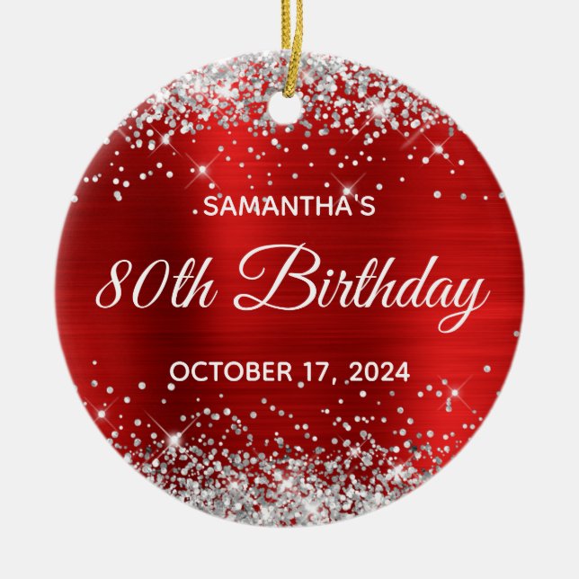 Silver Glitter Red Foil 80th Birthday Ceramic Ornament (Front)