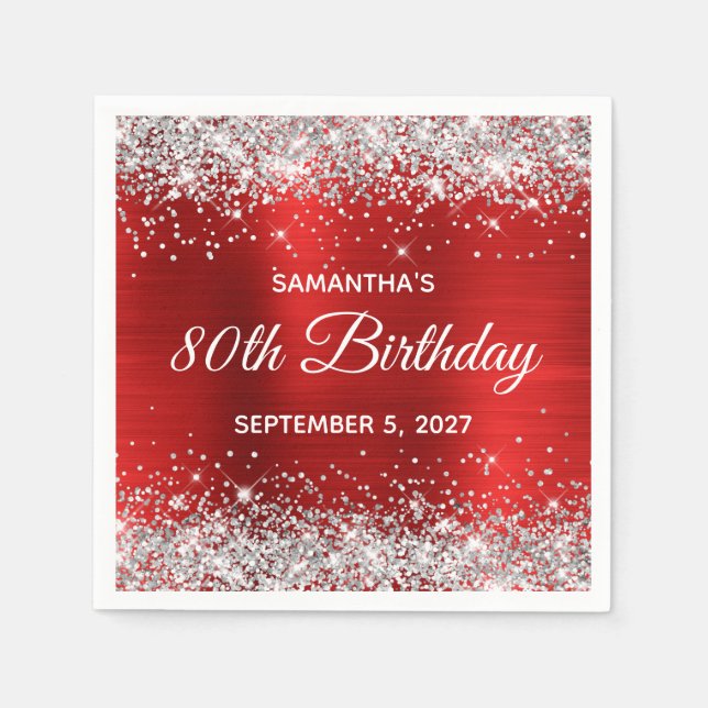 Silver Glitter Red Foil 80th Birthday Napkins (Front)
