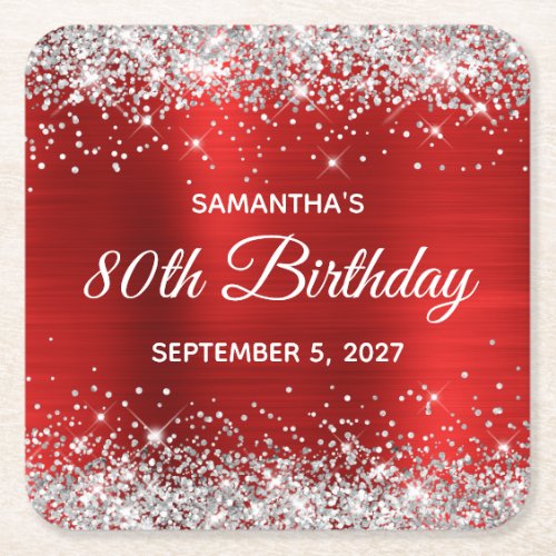 Silver Glitter Red Foil 80th Birthday Square Paper Coaster