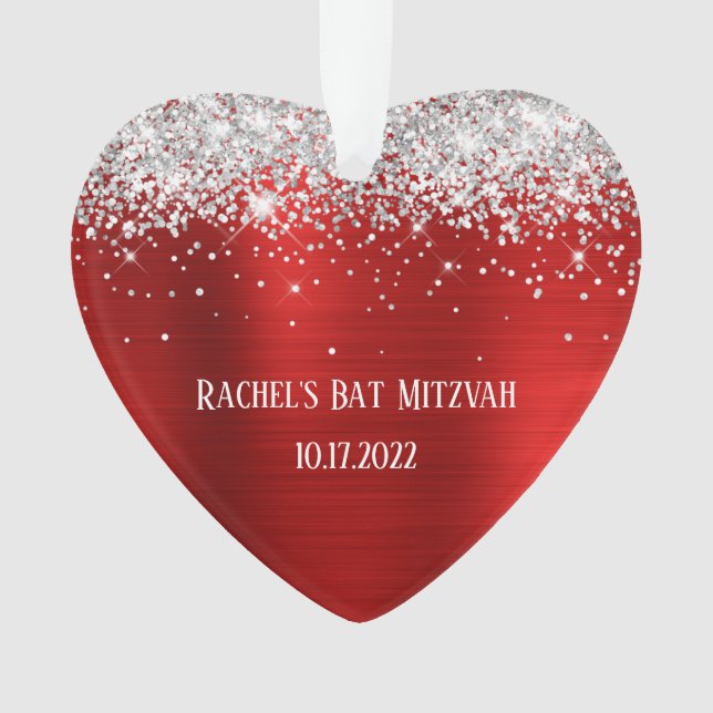 Silver Glitter Red Foil Bat Mitzvah Heart Ornament (Front)