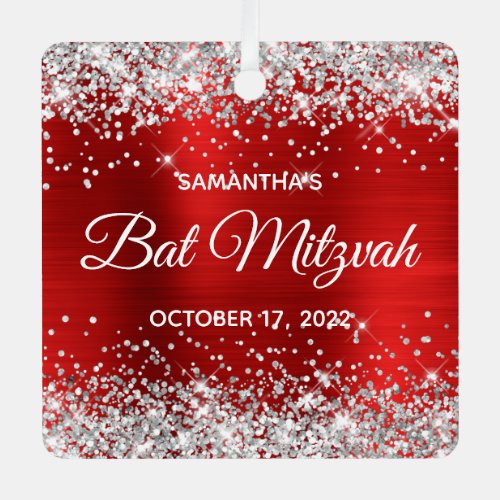 Silver Glitter Red Foil Bat Mitzvah Metal Ornament