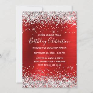 Silver Glitter Red Foil Birthday Celebration Invitation