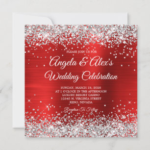 Silver Glitter Red Foil Elegant Wedding Invitation