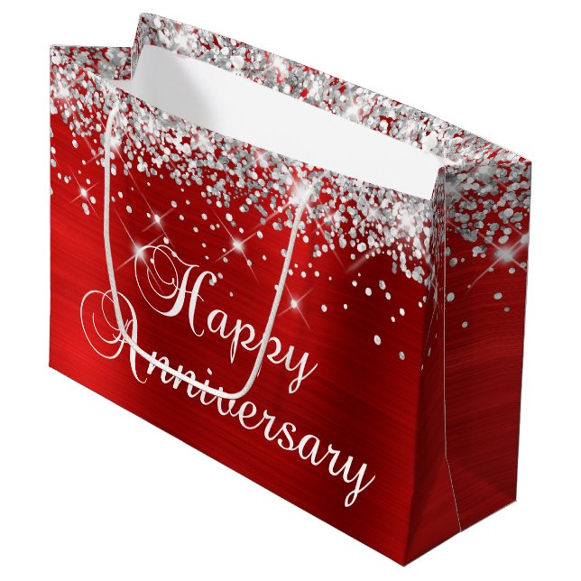 Silver Glitter Red Foil Fancy Happy Anniversary Large Gift Bag (Front Angled)