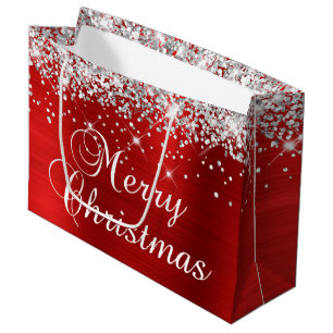 Silver Glitter Red Foil Fancy Merry Christmas Large Gift Bag