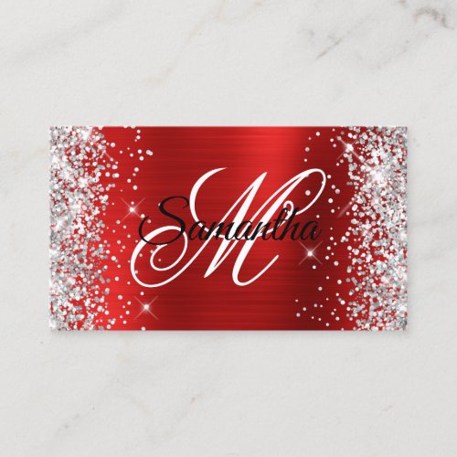 Silver Glitter Red Foil Fancy Monogram Business Card