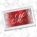Silver Glitter Red Foil Fancy Monogram Business Card Case<br><div class="desc">Create your own faux sparkly silver glitter and bright red highlight ombre satin foil business card holder. The front features a black and white fancy calligraphy script monogram. You can customize font color and style. A girly design for event planners. All of the sparkle and shine is created with printed...</div>