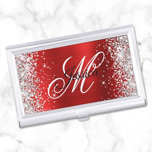 Silver Glitter Red Foil Fancy Monogram Business Card Case