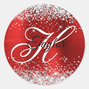 Silver Glitter Red Foil Fancy Monogram Classic Round Sticker
