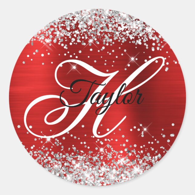 Silver Glitter Red Foil Fancy Monogram Classic Round Sticker (Front)