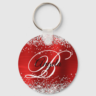 Silver Glitter Red Foil Fancy Monogram Keychain