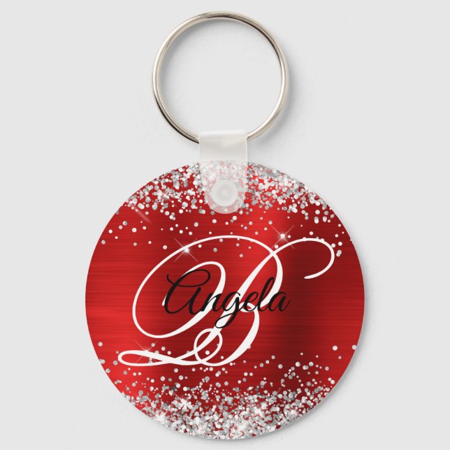 Silver Glitter Red Foil Fancy Monogram Keychain (Front)