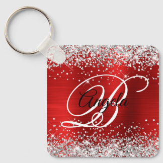 Silver Glitter Red Foil Fancy Monogram Keychain