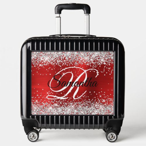 Silver Glitter Red Foil Fancy Monogram Luggage