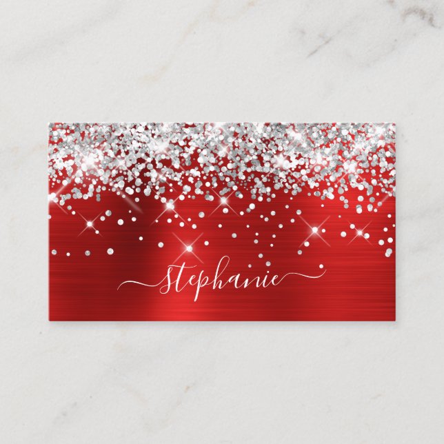 Silver Glitter Red Foil Girly Signature Business C Business Card (Front)