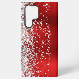 Silver Glitter Red Foil Girly Signature Samsung Galaxy S22 Ultra Case