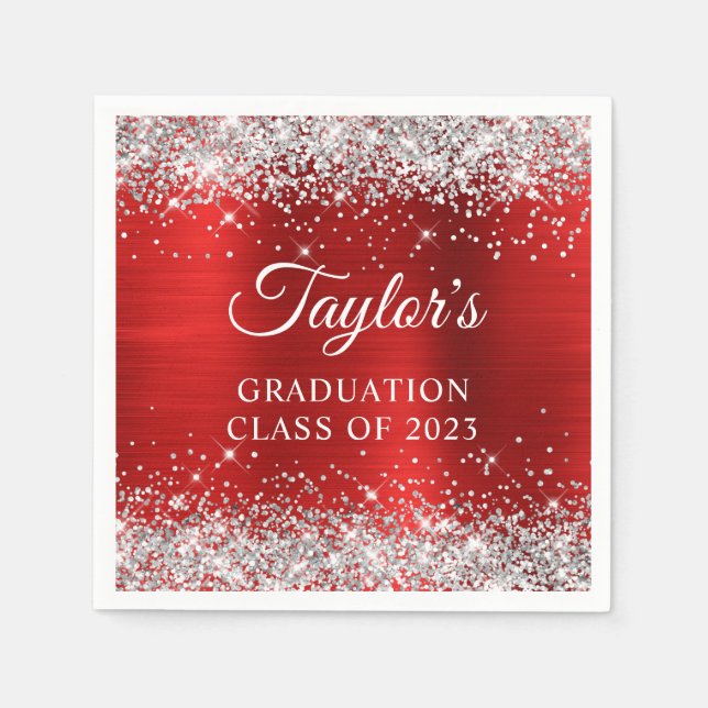 Silver Glitter Red Foil Graduation Napkins (Front)