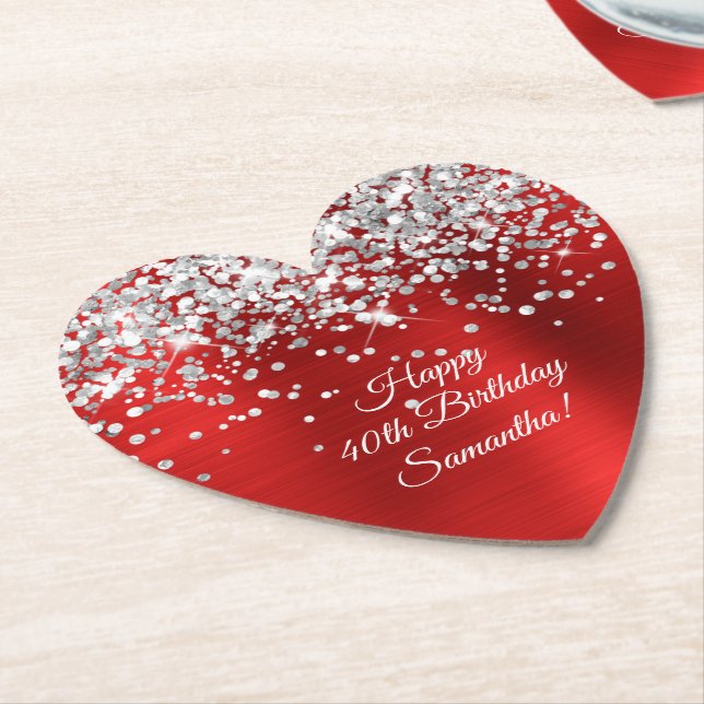Silver Glitter Red Foil Happy 40th Birthday Paper Coaster (Angled)