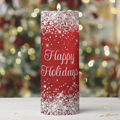Silver Glitter Red Foil Happy Holidays Pillar Candle
