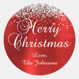 Silver Glitter Red Foil Merry Christmas Classic Round Sticker