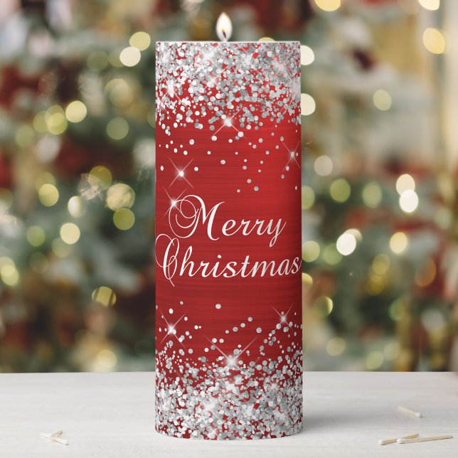 Silver Glitter Red Foil Merry Christmas Pillar Candle (Silver Glitter Red Merry Christmas Pillar Candle)