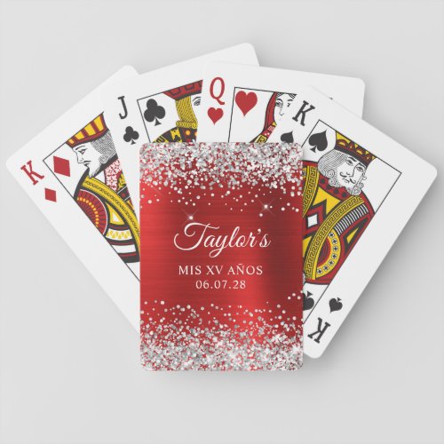 Silver Glitter Red Foil Mis XV Anos Birthday Poker Cards