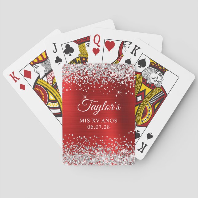 Silver Glitter Red Foil Mis XV Anos Birthday Poker Cards (Back)