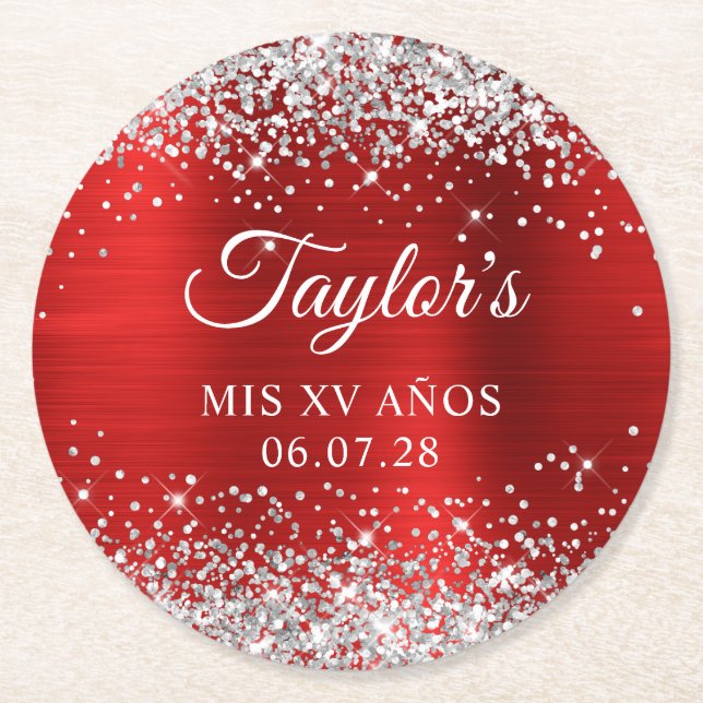 Silver Glitter Red Foil Mis XV Anos Birthday Round Paper Coaster (Front)
