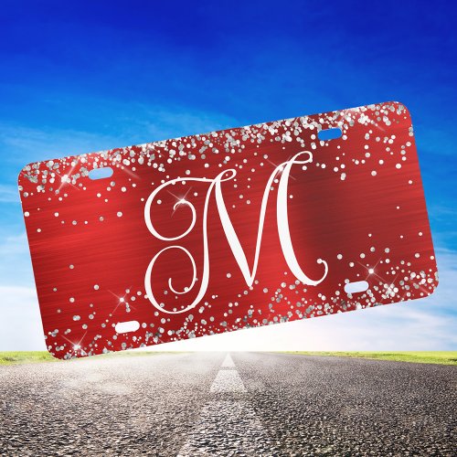 Silver Glitter Red Foil Monogrammed License Plate